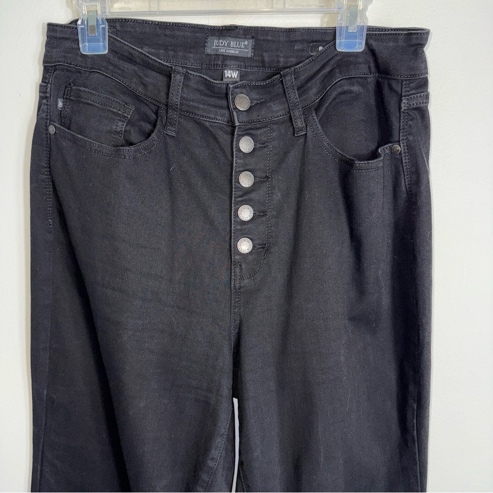Judy Blue Bootcut Jeans-Black-Raw Hem-Exposed Button Fly-Stretch-Size 14W - Picture 3 of 11